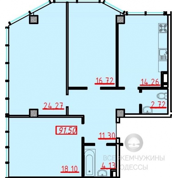 Планировки трехкомнатных квартир 91.5 м^2